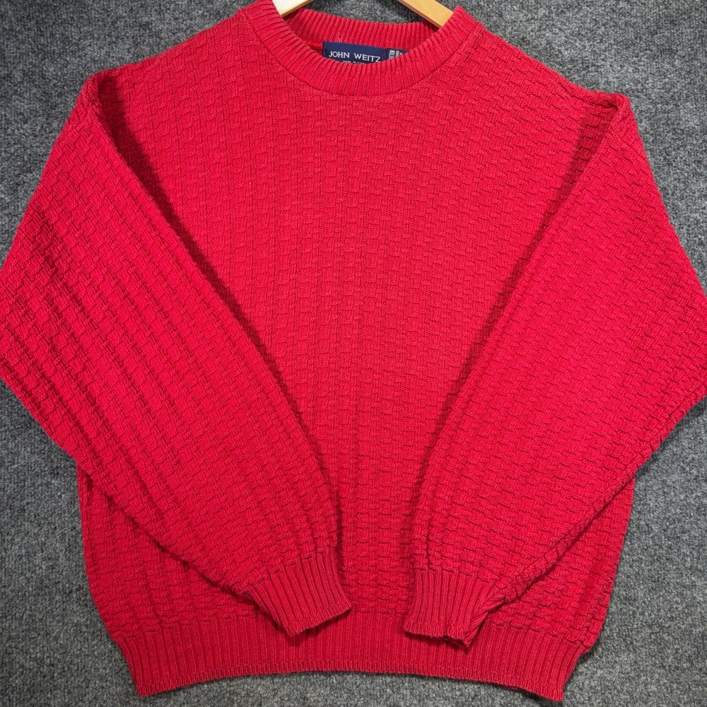 John Weitz Textured Knit Sweater Mens XL Red Hand Framed Vintage USA Made 90s